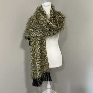Animal Print Fringe Leopard Print Scarf.  Black & Gold